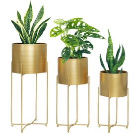 Sinolodo Gold Planters for Indoor Plants, Mid Century Floor Standing Tall Planter with Stands, 9/8/7 inch Plant Pots for Living Room Bedroom Office