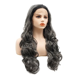 LUSHY BEAUTY Hair Synthetic Lace Front Wig Wavy Long 26inch Dark Root Dark Gray Ombre Heavy Density Heat Resistant Realistic Wig