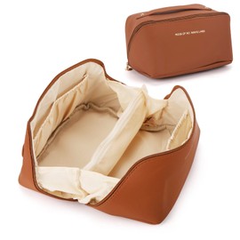 Travel Makeup Bag Zipper Pouch, Large Portable Cosmetic Bags for Women, PU Leather Makeup Organizer Toiletry Bags - Brown