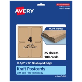 Avery Printable Rectangle Cards with Scalloped Edges with Sure Feed Technology, 3.5" x 5", Kraft Brown Cardstock, Laser/Inkjet, 100 Total, Great for Postcards and Thank You Cards
