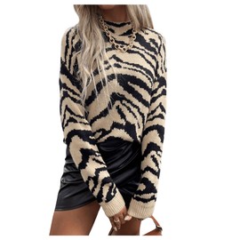 GORGLITTER Women's Tiger Graphic Sweaters Mock Neck Long Sleeve Knitted Pullover Trendy Fall Fahion 2024 Multicolor Small