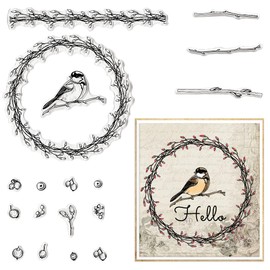 Estivaux Fall Flowers Wreath Birds Clear Stamps for Card Making and Journaling, Floral Leaves Silicone Stamps Tree Birds Background Rubber Stamps for Scrapbooking DIY Cards Album Crafts Supplies