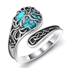 Fuguangju Tree of Life Spoon Rings for Women 925 Sterling Silver Turquoise Spoon Rings Vintage Thumb Rings Jewelry Gifts for Women Men