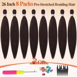 BARSDAR Pre Stretched Braiding Extensions, 66 cm, 8 Packs Chestnut Braiding Hair, Pre Stretched or Box Braids, EZ Braids, Yaki Hot Water Setting Synthetic Crochet Braids Hair Extension - 33#