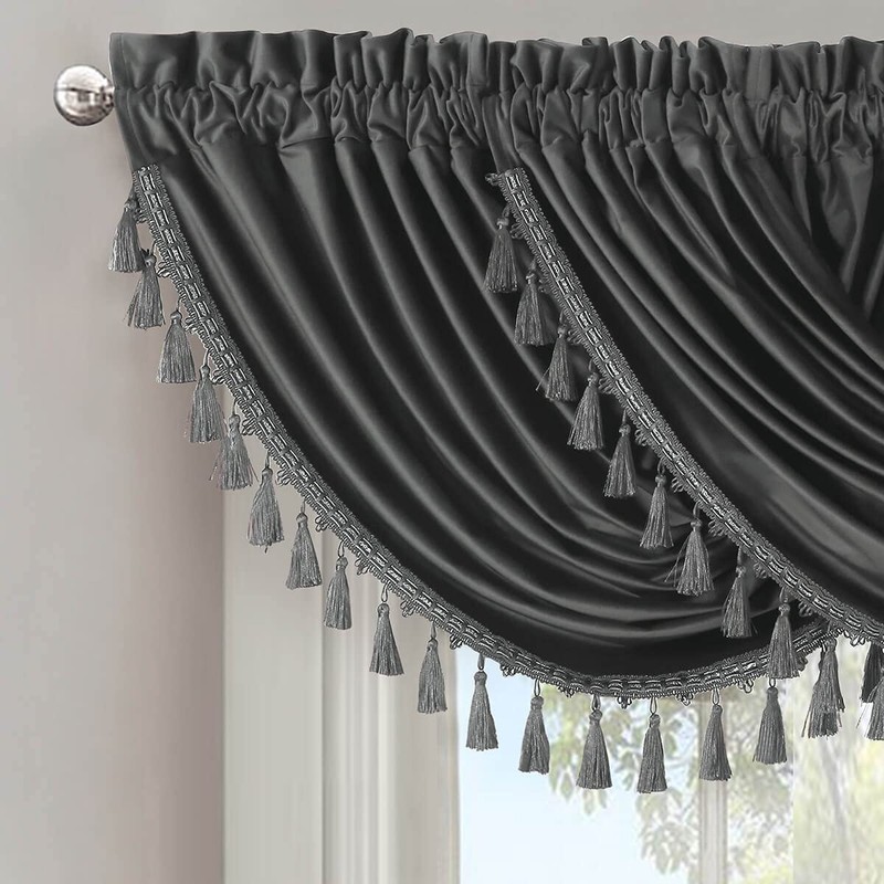 Royal Tradition Heavyweight Velvet Waterfall Valance, Grey (37x57) Single Rod