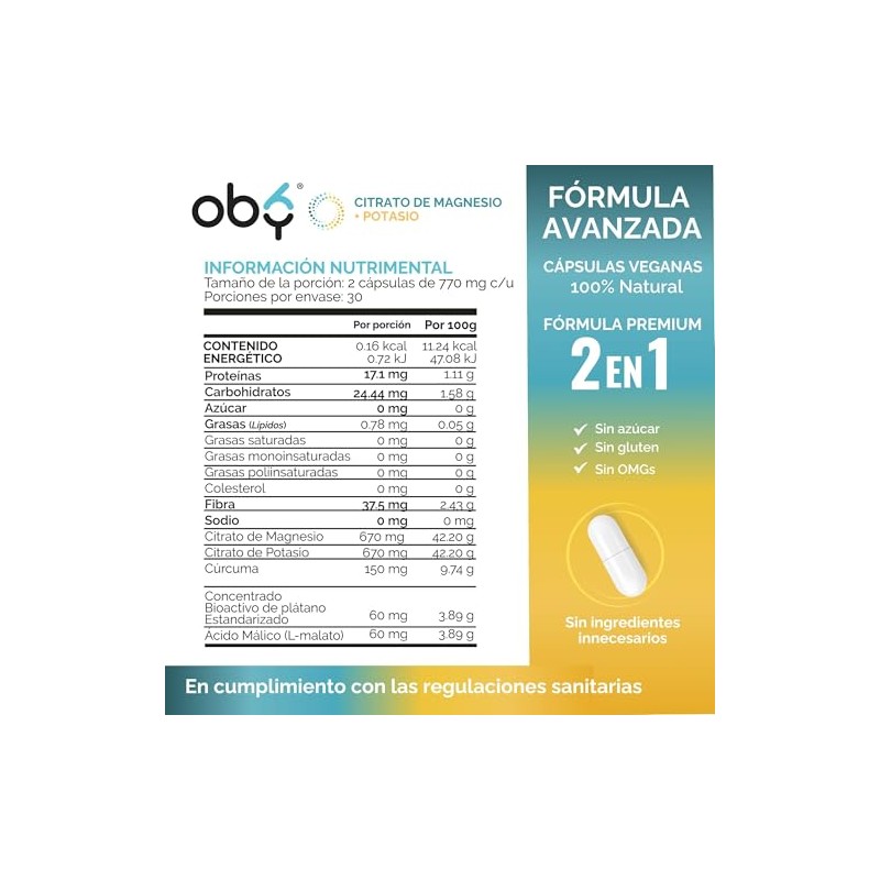 2 Pack Citrato de Magnesio y Potasio OBY | Minerales