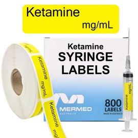 Ketamine mg/mL Anesthetic Syringe Labels - Box of 800 Labels on Roll (1" core). 12mm x 40mm (Approx 0.5" x 1.5"). Latex-Free Permanent Adhesive. Printed in Australia by Specialist Medical Printer
