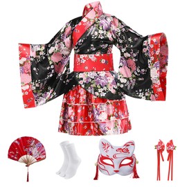 CRFASIBE Japanese Kimono Anime Cosplay Costumes for Kids Girls Robes Fox Mask Tutu Skirt Set Size 10-12(150CM)