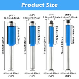 4 Pcs Flush Trim Router Bit, Top Bearing Flush Trim Router Bearing Dia 1/4", 5/16", 3/8", 1/2", Carbon Steel Cut Router Wood Straight Router Bits 1/4 Inch Shank for Woodworking