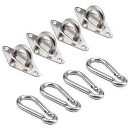 Cyleibe 4Pcs Stainless Steel Pad Eye Plate and 4Pcs Carabiner Clips, Marine Hardware Staple Hook Loop U-Shaped Design Screws Wall Mount Hanger