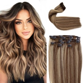 Clip in Hair Extensions Real Human Hair, 14Inch 7Pcs Real Hair Extensions Clip in Human Hair, Ombre Brown to Ash Blonde Highlights Remy Human Hair Clip in Extensions 70G for Women