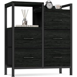 Furnulem 5 Drawer Black Dressers for Bedroom 2 Tier Shelf Storage Small Fabric Dresser for Closet Sturdy Metal Frame Modern Style Storage Cabinets Organization Units for Hallway Rooms