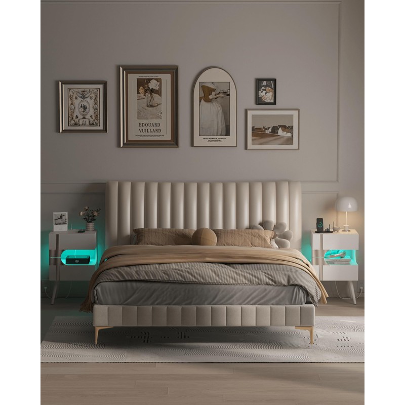 JOONEE White Nightstand with Charging Station and LED Lights,Modern Bedside