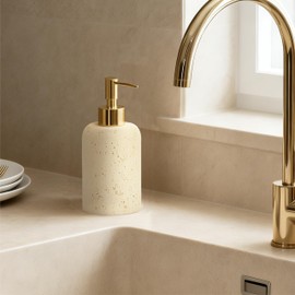 SEICASAYA 13.5 oz Bathroom & Kitchen Countertop Soap Dispenser, Travertine-Look Durable Resin Bottle with ABS Pump (Beige)