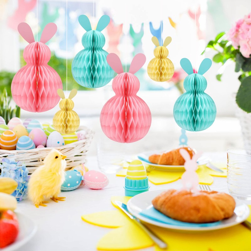 MAMUNU 6 PCS Easter Hanging Decorations, Rabbit Honeycomb Ball Pendant