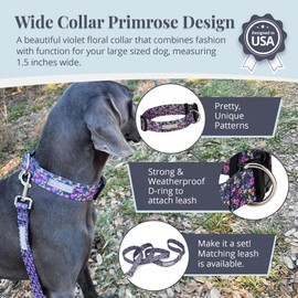 Lucky Love Dog Wide Dog Collar - Adjustable, Durable, Soft Webbing, & Comfortable 1.5 inch Wide Collar for Dogs Male and Female - in Primrose Pattern with Strong Buckle, Large Size