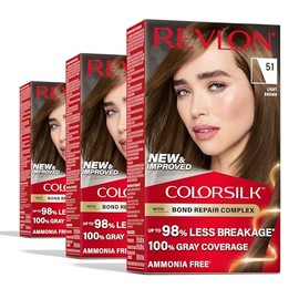 REVLON Revlon ColorSilk with Bond Repair Complex, Permanent Hair Color, 100% Gray Coverage, Ammonia Free Hair Dye, Vegan Keratin, 51 Light Brown (Pack of 3)