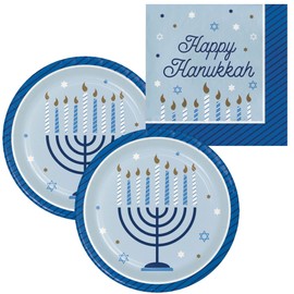 Hanukkah Party Supplies | Tableware Bundle Includes Paper Dessert Plates & Napkins for 16 People | Hanukkah Celebration Design