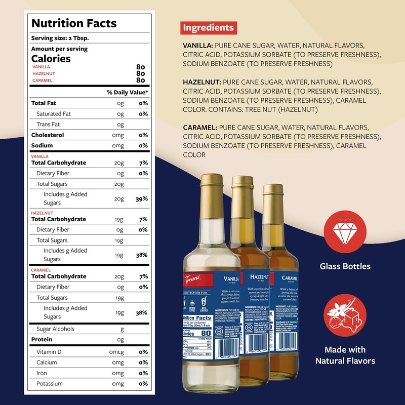 Torani Coffee Syrup, Vanilla, Caramel, and Hazelnut Variety 3-Pack, Flavoring