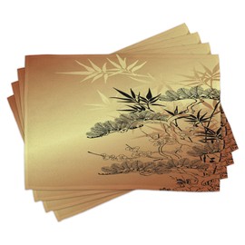 ABAKUHAUS Japanese Place Mats Pack of 8, Branches and Bamboo Motifs with Eye-catching Leaf Nature Illustration, Washable Fabric Dining Room Kitchen Table Decoration Digital Print, Amber Yellow