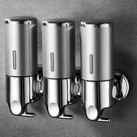 No-Drill 3 Pack 500ml Wall Mounted soap Dispenser for Bathroom and Kitchen, Shampoo and Conditioner Dispenser Drill Free with Adhesive(Round-Silve)