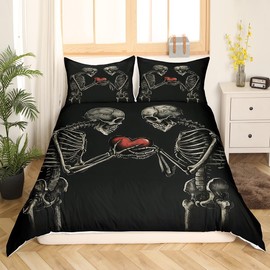 Sugar Skull Duvet Cover Set Queen Size,Skeleton Bone Lover Bedding Set Teens Adult Couple Room Decor,Valentine's Day Comforter Cover 3Pcs,Skull Bone Black Bedspreads Cover,2 Pillowcases(NO Comforter)