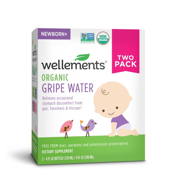 Wellements Gripe Water 4 Fl Oz (Pack of 2) Relief for Baby Gas, Colic & Fussiness, Herbal Remedy of Chamomile, Fennel Seed & Ginger Root, USDA Certified Organic, Gluten Free & Non GMO, Ages Newborn+