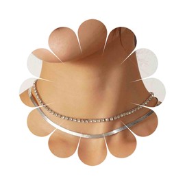 Cimenexe Punk Layered Tennis Chain Choker Necklace Silver Herringbone Chain Necklace Crystal Chain Collar Necklace Flat Snake Bone Chain Necklace Jewelry for Women and Girls Gifts