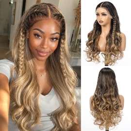 Ombre Blonde Braided Long Curly Wig, 13x4 Lace Front Synthetic Wig with Baby Hair, Natural-Looking Heat Resistant Hair for Daily Use 22IN(TT1B/F.HBL)