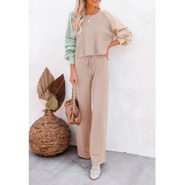 Pink Queen Women's 2 Piece Knit Outfit Crop Pullover Sweater Top Loose Wide Leg Pants Sweatsuit Pajama Set Khaki XL