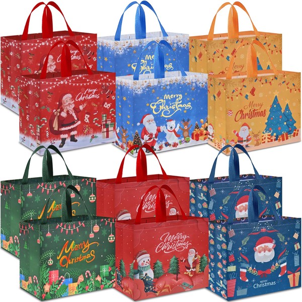 AhfuLife Pack of 12 Christmas Gift Bags, Large, Non-Woven Christmas Bags with Handles, Reusable Christmas Gift Bags, Christmas Gift Bags, 40 x 36 x 15 cm