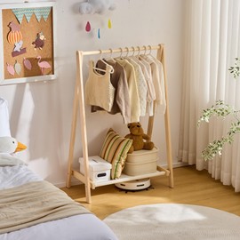 BALANBO Kids Clothes Rack,Foldable Solid Wood Small Baby Clothes Rack with Bottom Storage Shelf,for Laundry Drying,Mini,Floor Standing,Portable(39.4" W)