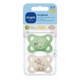 MAM Original Latex Dummies, Set of 2, Dummies Made from Sustainable, Organic Renewable Materials, Baby Dummy with Symmetrical & Orthodontic Teat, 0–6 Months, Rabbit/Deer.