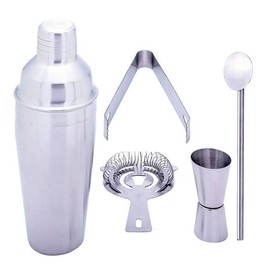 Gifts Infinity® 5 Piece Stainless Steel Bar Set - 18.5 oz Martini & Cocktail Shaker, Stirrer, Strainer, Double Jigger, and Ice Tongs. (5)
