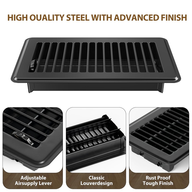 Floor Vent Covers 4x12, Black Floor Registers, Heavy Duty Steel