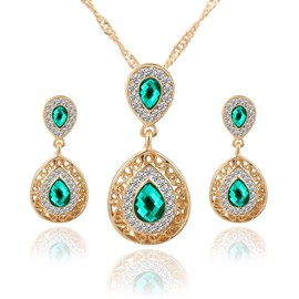 Yifnny Waterdrop Rhinestone Jewelry Set, Vintage 2 Sets Peacock Waterdrop Rhinestone Necklace Earrings Sets Green Teardrop Pendant Bride Wedding Crystal Jewelry for Women (Green)