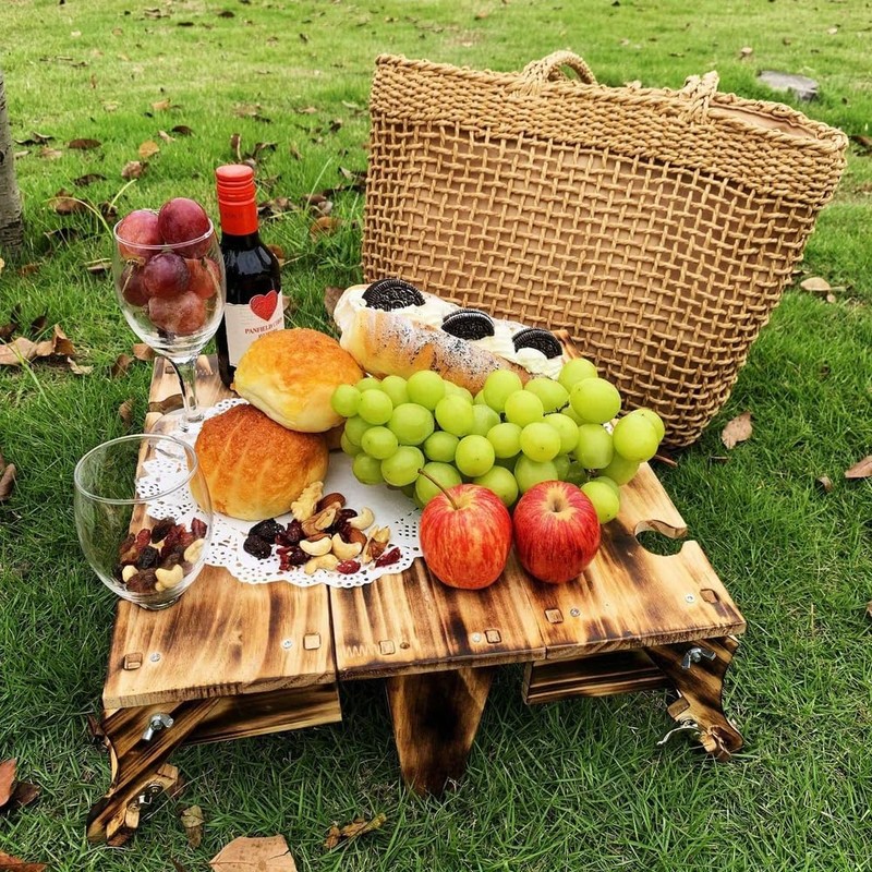 Portable Wooden Picnic Table with Storage Basket - Folding 2-in-1