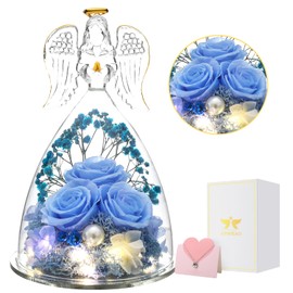 ANWEAO Christmas Rose Gifts for Mom, Glass Angel Figurine with Three Roses Gifts,Preserved Forever Real Rose Gifts for Women, Angel Guardian with Rose Gift for Valentine Day Mothers Day
