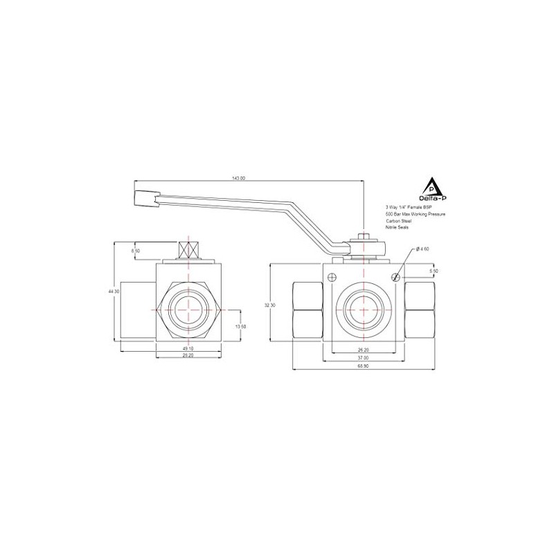 3 Way Hydraulic Ball Valve 1/4" BSP Threads with Mounting