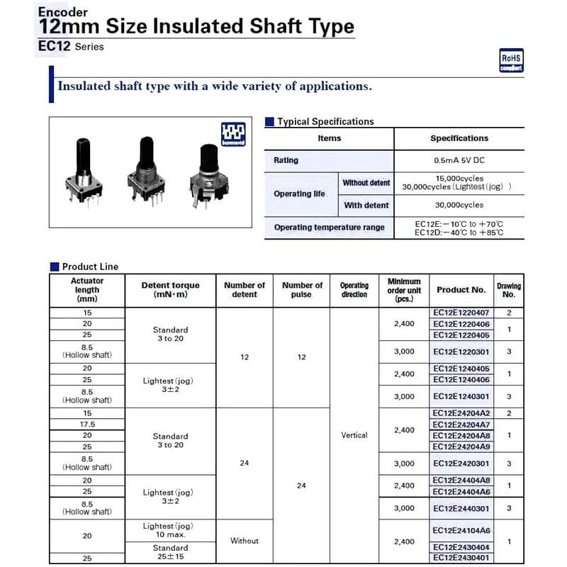 ALPS EC12E1220405 12mm 12 Pulse Plastic Axis 6x15mm Stand-Up Encoder