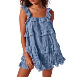 Gacaky Women's Summer Casual Sleeveless Rompers Ruffle Flowy Boho Sun Dress Loose Mini Dress with Built-in Shorts Dusty Blue M
