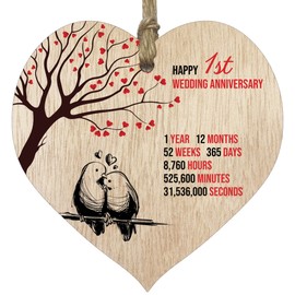 1st Wedding Anniversary Wooden Heart Plaque, Light Wood Sign Keepsake, Celebrate Paper Anniversary Wife Husband Boyfriend Girlfriend, Plaque with Quotes Gifts from the Kids