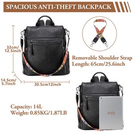 RAVUO Backpack for Women, Anti Theft Backpack Purse Casual Leather Rucksack Shoulder Bag Fashion Ladies Travel Backpack Black