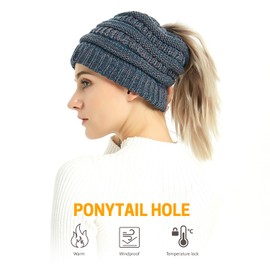 GNEGNI LIFE Beanie Tail Hat for Women, Winter Textured Knitted Hat Slouchy Warm Cap Unisex for Ladies Mens Skiing Hiking