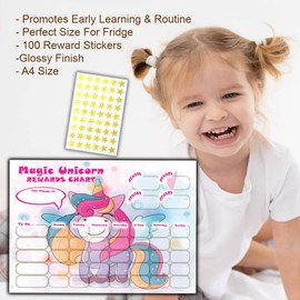 Good Behaviour - Magic Unicorn Themed Reward Chart - 100 Gold Star Stickers - Early Learning & Routine