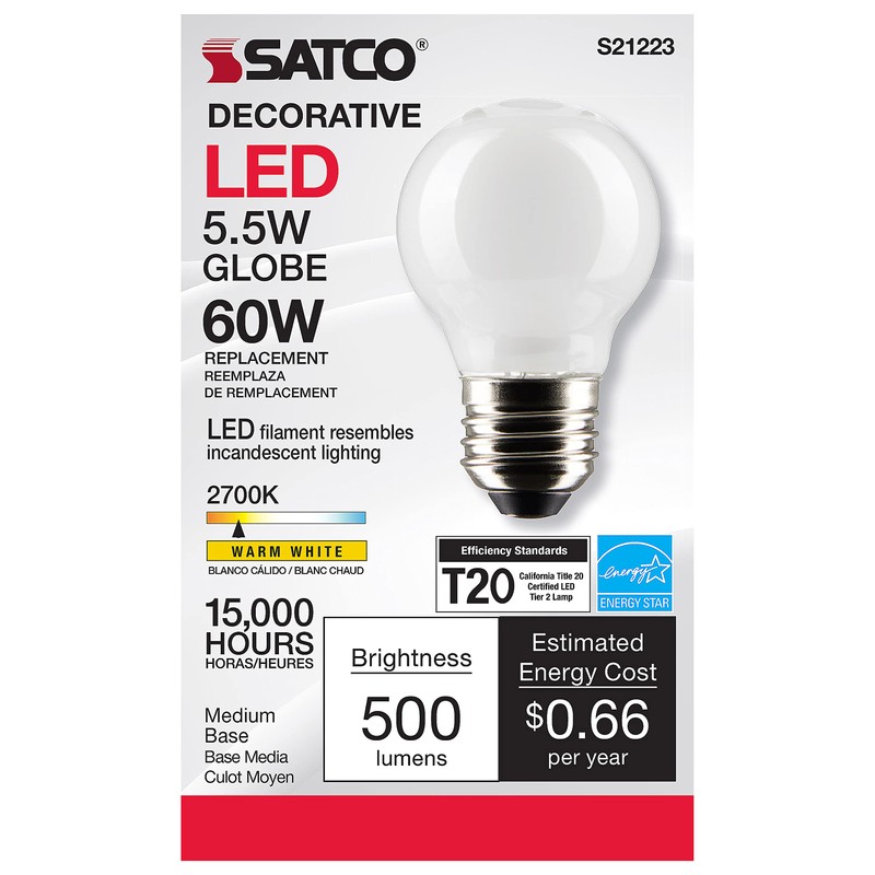 Satco 5.5-Watt LED E26 Light Bulb, 2700K, 15000 Hour Rating,