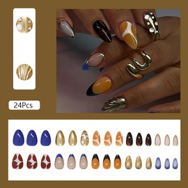 24 Pcs Fall Almond Press on Nails, Medium Fake Nails with 3D Designs, Artificial Acrylic Nails French Tip False Nails with Nail Glue, Handmade Nails, Holiday Reusable Stick on Nails for Women