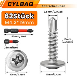 60 Stück Bohrschrauben Selbstbohrende, M4.2 x 19 mm Selbstschneidende Schrauben Metall, Edelstahl Blechschrauben Selbstschneidend, Phillips Kopf Selbst Bohrschrauben mit PH2 Schrauber Bit
