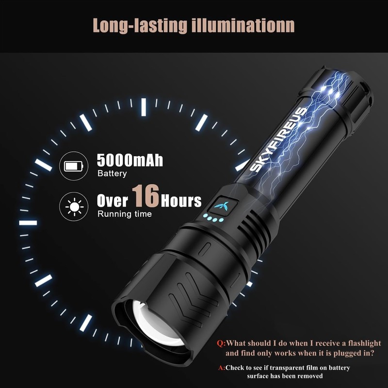 SKYFIRE Rechargeable Flashlights High Lumens,5000mAh Super Bright Flashlight Waterproof Powerful