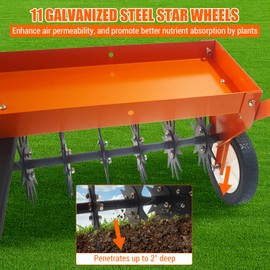 FinerFurnis Tow Behind Aerator 40 Inch with Steel Teeth and Transport Wheels, Adjustable Handle Pull Behind Plug Aerator with Tray for Farm Lawn Garden, Durable Lawn Aeration Tool